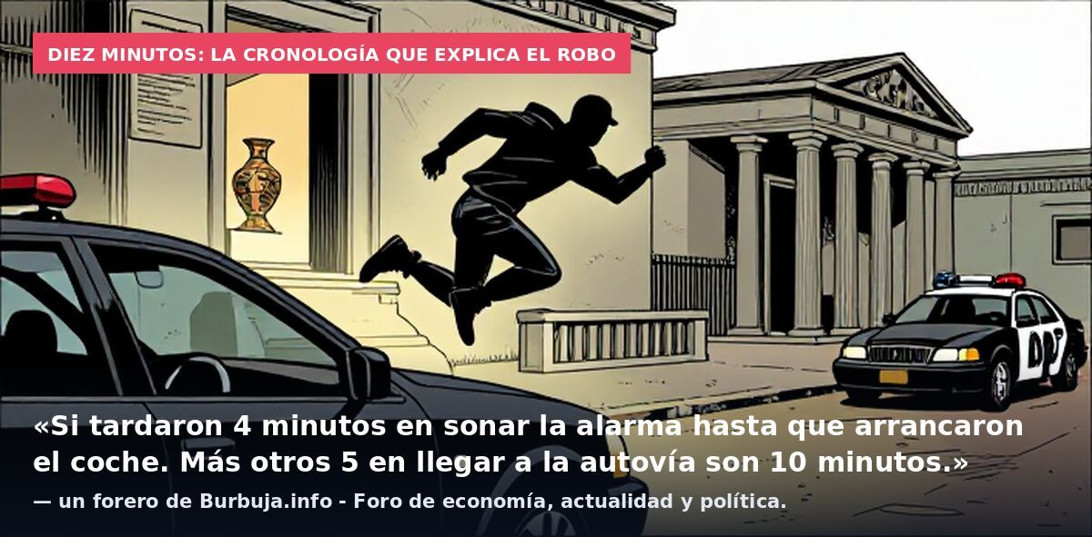 Diez minutos: la cronología que explica el robo: «Si tardaron 4 minutos en sonar la alarma hasta que arrancaron el coche. Más otros 5 en llegar a la autovía son 10 minutos.» — un forero de Burbuja.info - Foro de economía, actualidad y política.