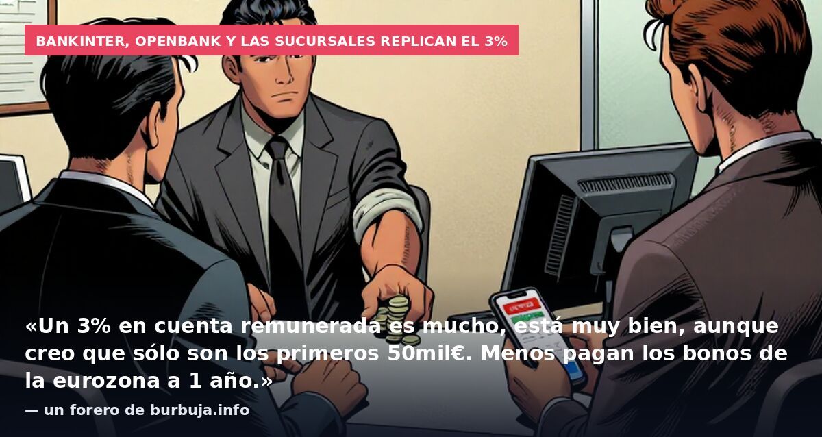 Bankinter, Openbank y las sucursales replican el 3%: «Un 3% en cuenta remunerada es mucho, está muy bien, aunque creo que sólo son los primeros 50mil€. Menos pagan los bonos de la eurozona a 1 año.» — un forero de burbuja.info