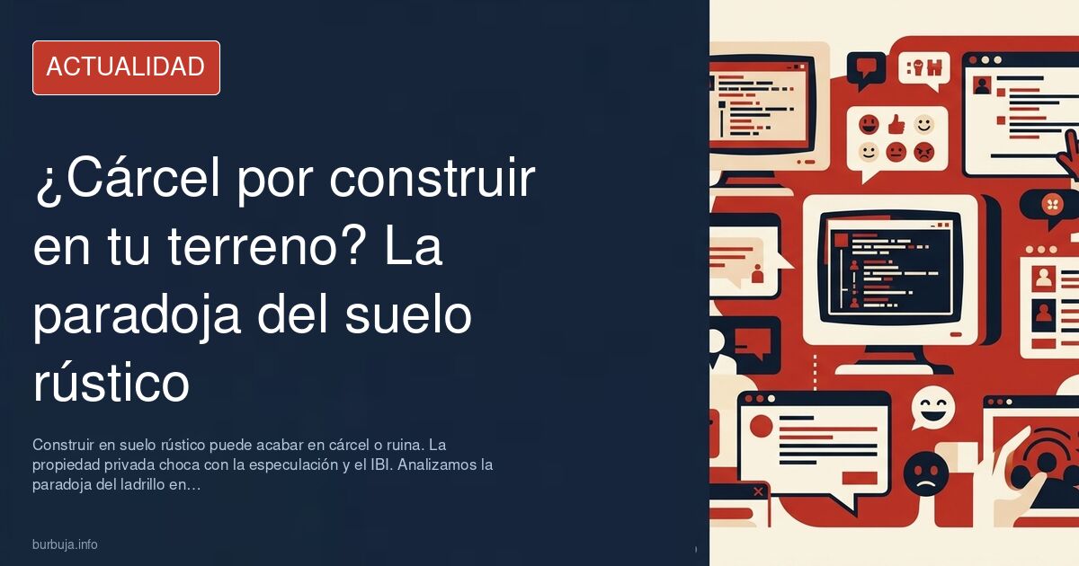 Parcela de suelo rústico con una casa prefabricada a medio montar y un cartel de obra, bajo luz natural y tonos apagados