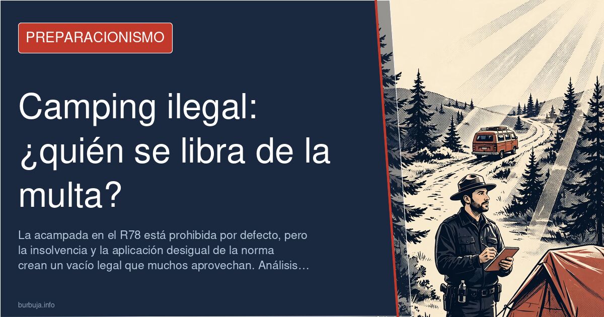 Tienda de campaña en zona rural con señal de prohibido acampar