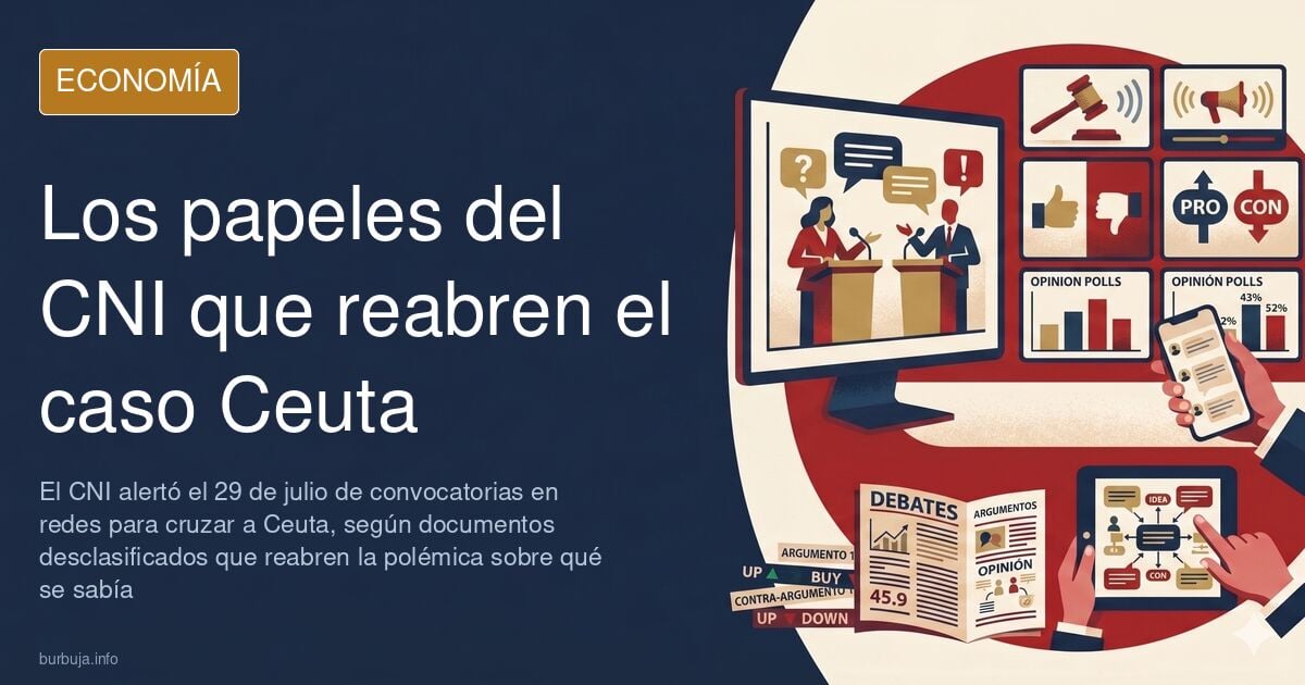 Ilustración editorial sobre la alerta del CNI por las convocatorias para cruzar a Ceuta, con gráficos y documentos desclasifi