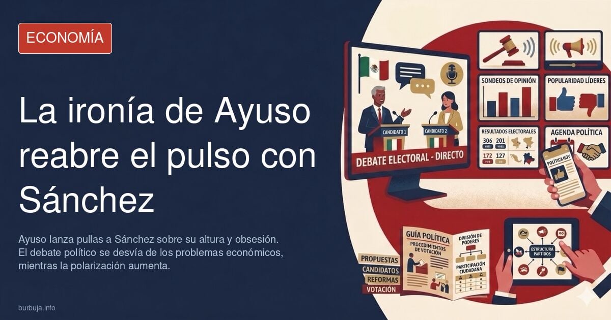 Isabel Díaz Ayuso sonriendo en un acto político, con Pedro Sánchez al fondo, en un ambiente de tensión dialéctica