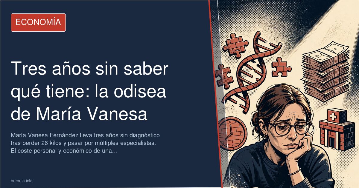 Mujer de 44 años sentada en una consulta médica, expresión de cansancio, rodeada de informes y pruebas médicas