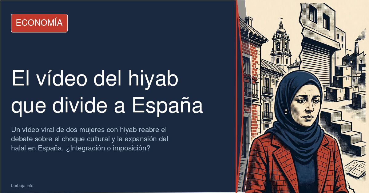 Dos mujeres con hiyab en una calle de España, con un cartel de halal de fondo, simbolizando la tensión cultural