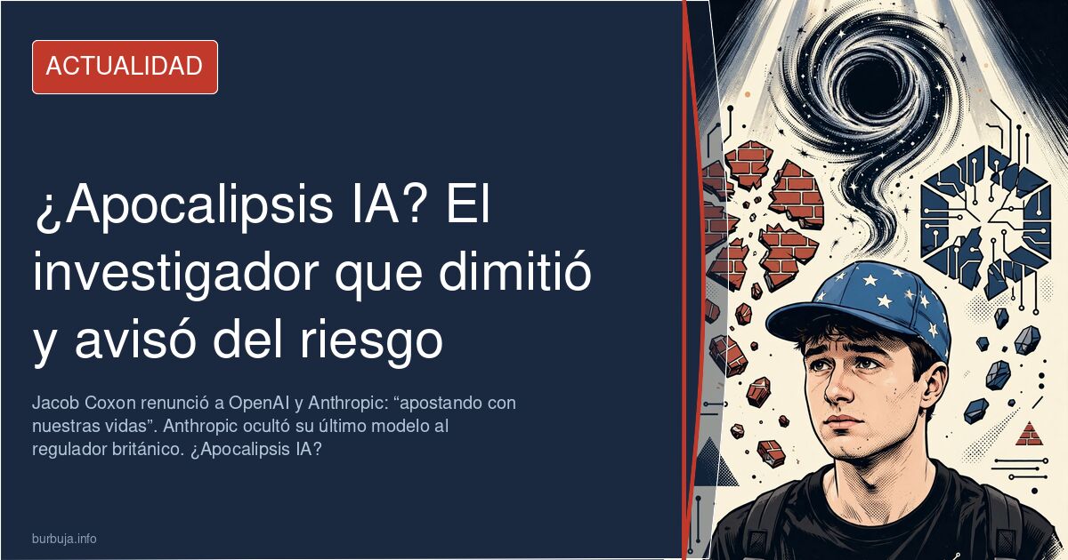 Ilustración de una inteligencia artificial con señales de advertencia y un reloj de arena