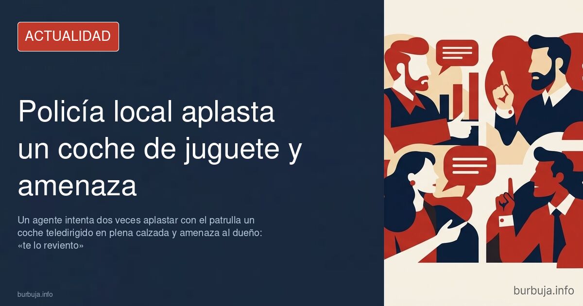 Coche teledirigido de juguete sobre el asfalto junto a un vehículo patrulla de la policía local en una vía pública