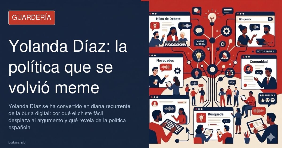 Retrato de Yolanda Díaz rodeado de memes y comentarios digitales que ilustran la burla política en redes sociales