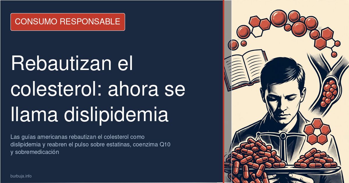 Caja de estatinas junto a una analítica de colesterol sobre una mesa, en el debate sobre dislipidemia y guías médicas
