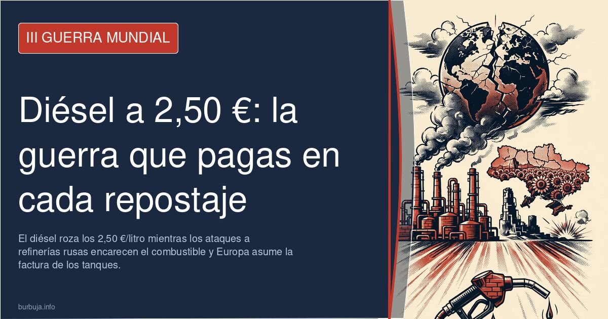 Primer plano de un surtidor de diésel con el precio por litro disparado cerca de los 2,50 euros
