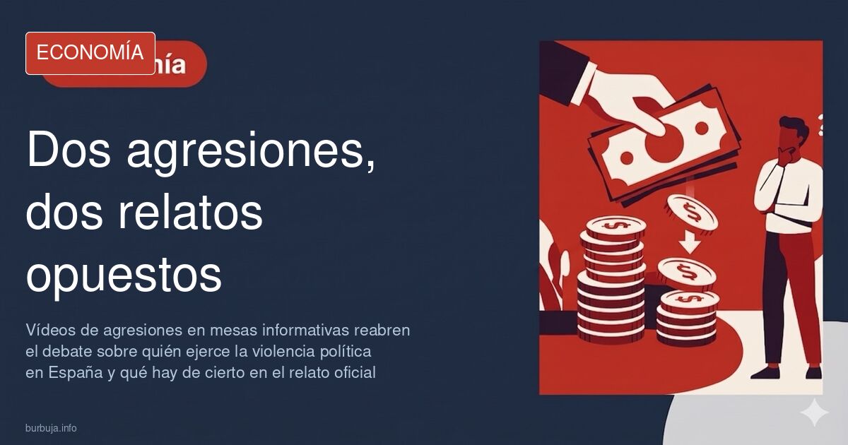 Mesa informativa con banderas de un partido en una plaza y varias personas alrededor tras un episodio de violencia política c