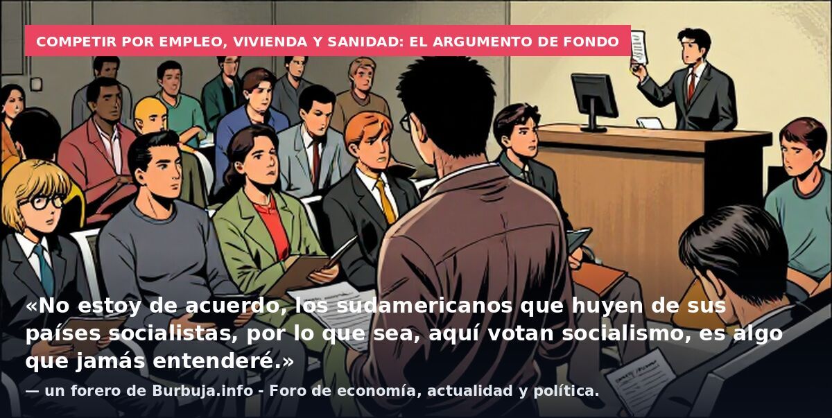 Competir por empleo, vivienda y sanidad: el argumento de fondo: «No estoy de acuerdo, los sudamericanos que huyen de sus países socialistas, por lo que sea, aquí votan socialismo, es algo que jamás entenderé.» — un forero de Burbuja.info - Foro de ec