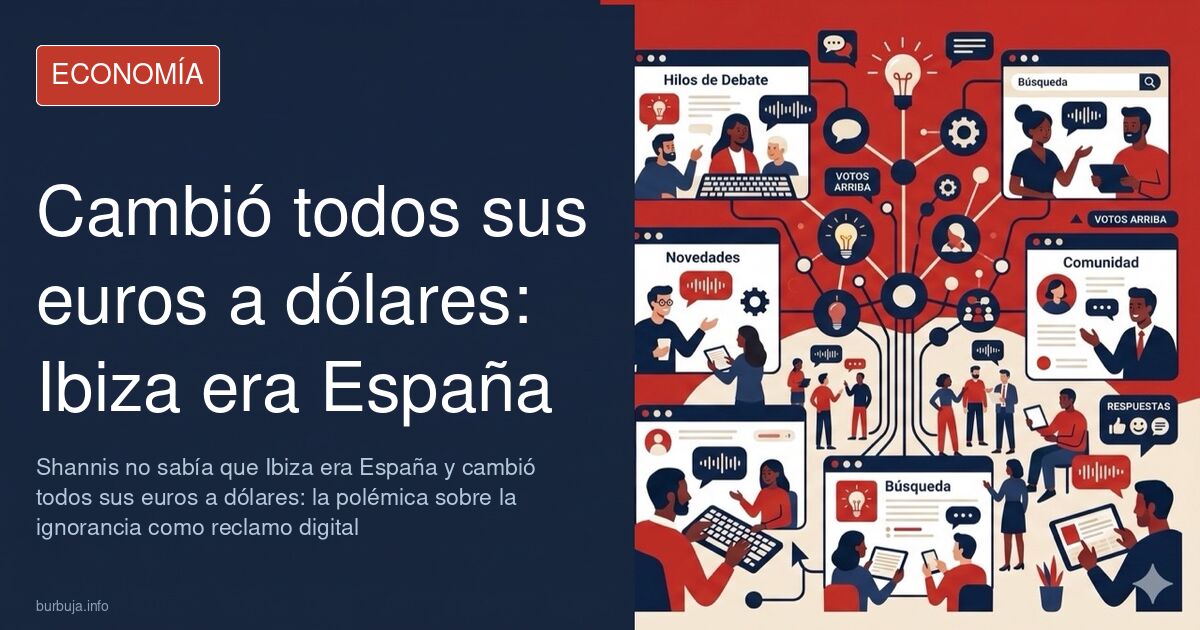 Influencer grabando un vídeo con el móvil en un entorno turístico de Ibiza, con un cartel de cambio de divisas al fondo