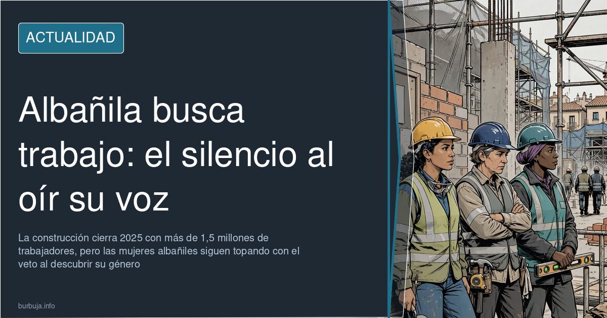 Mujer con casco y herramientas de albañilería junto a un muro de obra en una construcción española