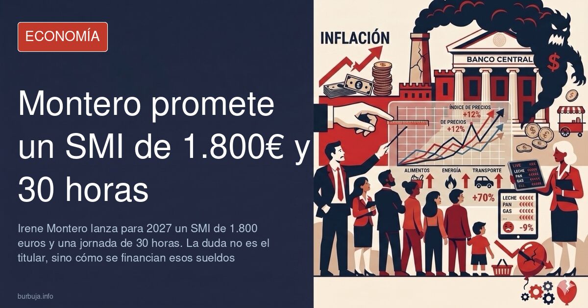 Irene Montero durante un acto político con cartel de promesas electorales sobre salario mínimo y jornada laboral de 30 horas