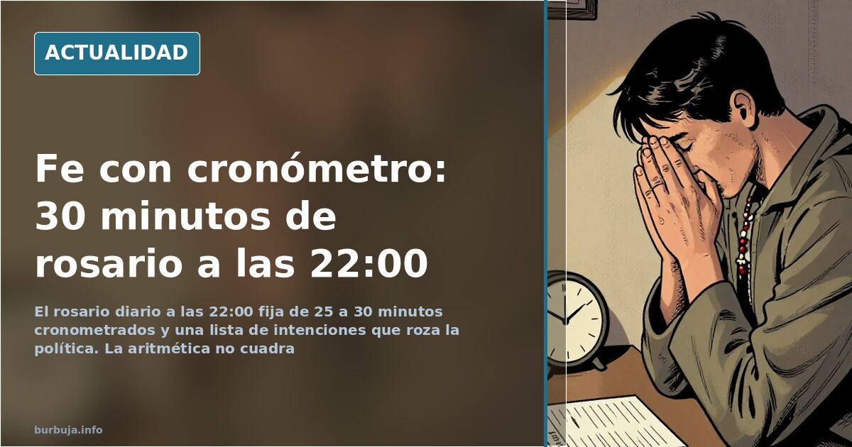 Manos sosteniendo un rosario de cuentas de madera junto a un reloj de pared que marca las diez de la noche
