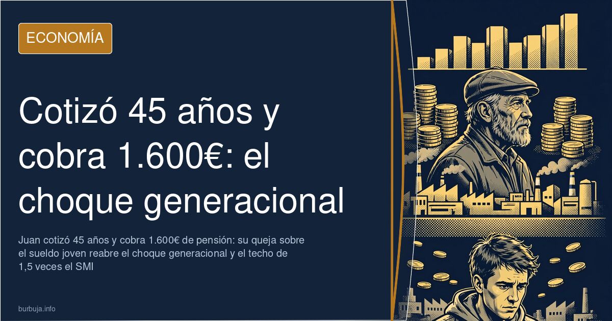 Jubilado revisando una nómina frente a un joven trabajador, ilustración del choque entre pensión de 1.600 euros y sueldos jóv
