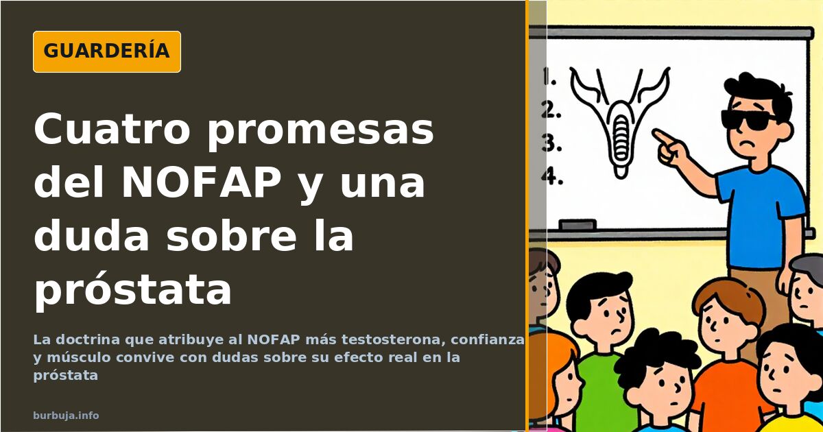 Ilustración de un hombre con gafas de sol ante una pizarra con cuatro puntos sobre el NOFAP y un esquema de la próstata