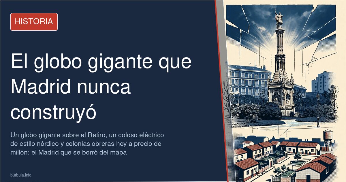 Fotografía antigua en blanco y negro del edificio de la Unión Eléctrica Madrileña y del proyecto no construido del monumento 