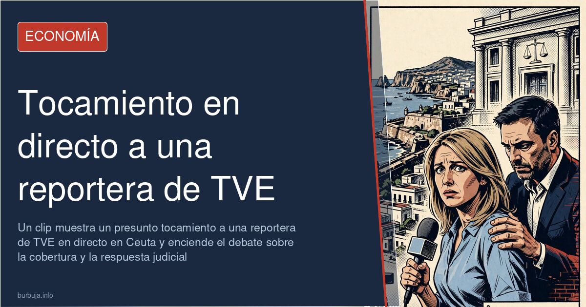 Reportera con micrófono en mano durante una conexión en directo en una calle de Ceuta rodeada de viandantes
