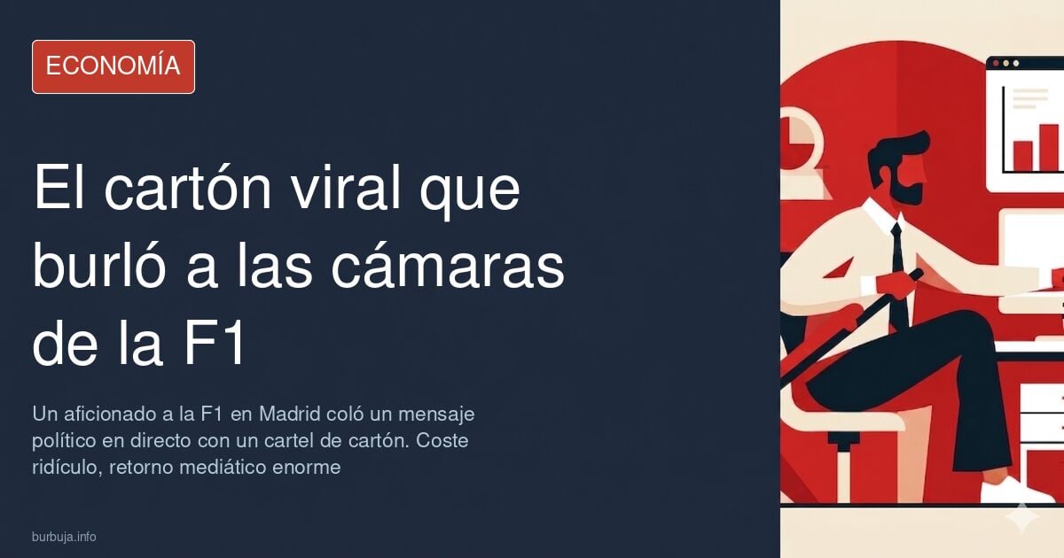 Aficionado en la grada del Gran Premio de Madrid girando un cartel ante las cámaras de la Fórmula 1