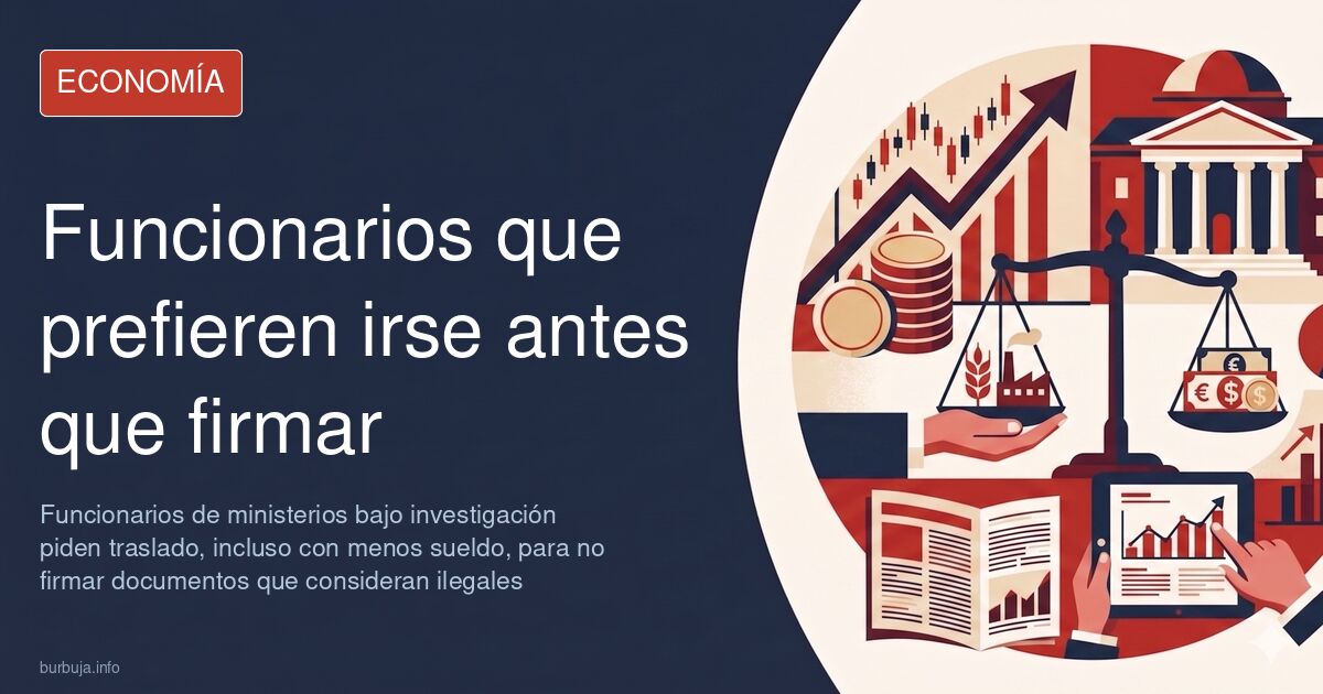 Funcionarios saliendo de un edificio administrativo con documentos bajo el brazo, reflejando la fuga interna en ministerios