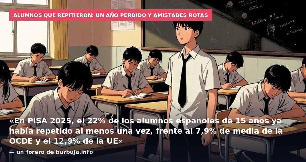 Alumnos que repitieron: un año perdido y amistades rotas: «En PISA 2025, el 22% de los alumnos españoles de 15 años ya había repetido al menos una vez, frente al 7,9% de media de la OCDE y el 12,9% de la UE» — un forero de burbuja.info