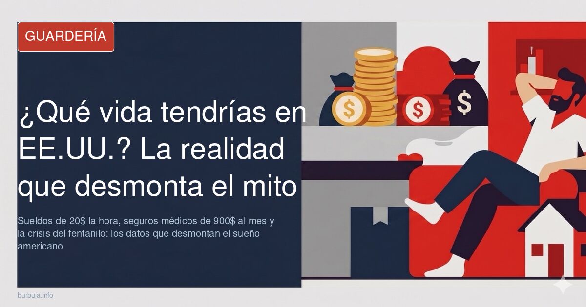 Mapa de Estados Unidos con iconos de dinero, jeringuilla y casa, representando el coste de vida y la crisis del fentanilo