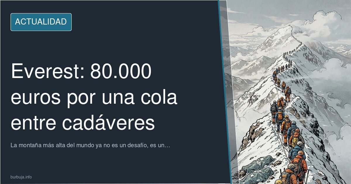 Alpinistas haciendo cola en el Everest con equipo y basura visible en la ruta