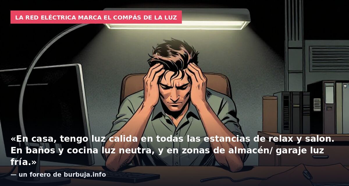 La red eléctrica marca el compás de la luz: «En casa, tengo luz calida en todas las estancias de relax y salon. En baños y cocina luz neutra, y en zonas de almacén/ garaje luz fría.» — un forero de burbuja.info