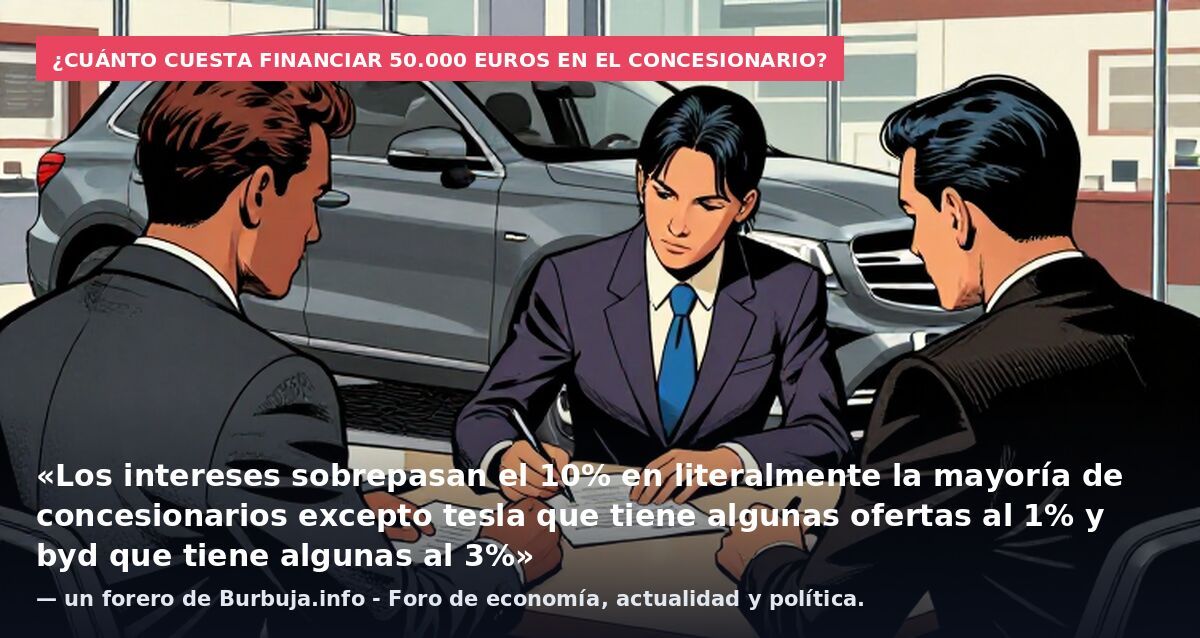 ¿Cuánto cuesta financiar 50.000 euros en el concesionario?: «Los intereses sobrepasan el 10% en literalmente la mayoría de concesionarios excepto tesla que tiene algunas ofertas al 1% y byd que tiene algunas al 3%» — un forero de Burbuja.info - Foro