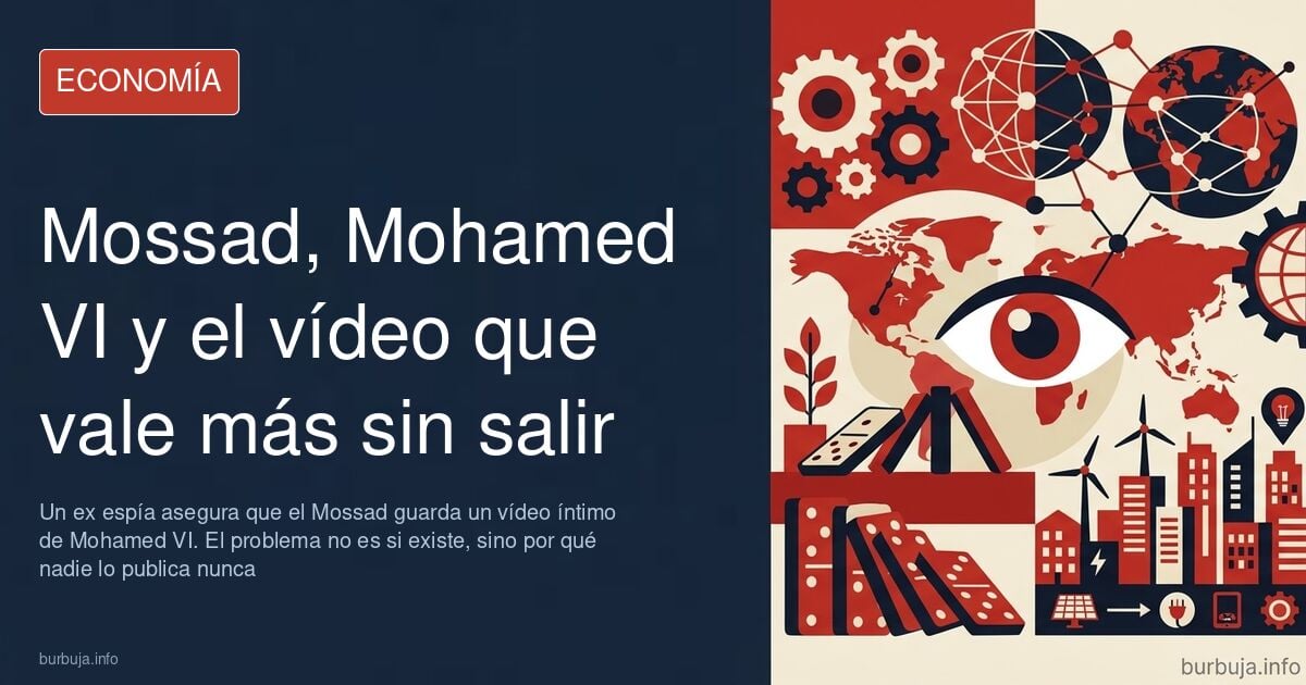 Silueta del rey Mohamed VI de Marruecos junto a símbolos de inteligencia y desinformación sobre un supuesto vídeo del Mossad