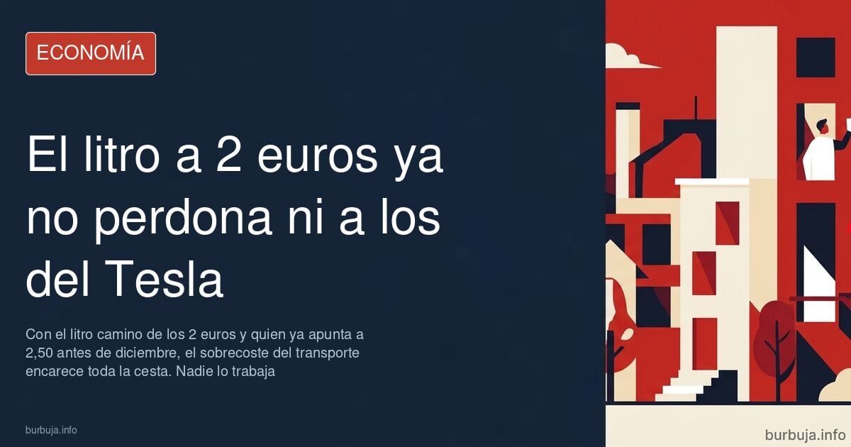 Surtidor de gasolina marcando dos euros por litro junto a una carretera con camiones al fondo