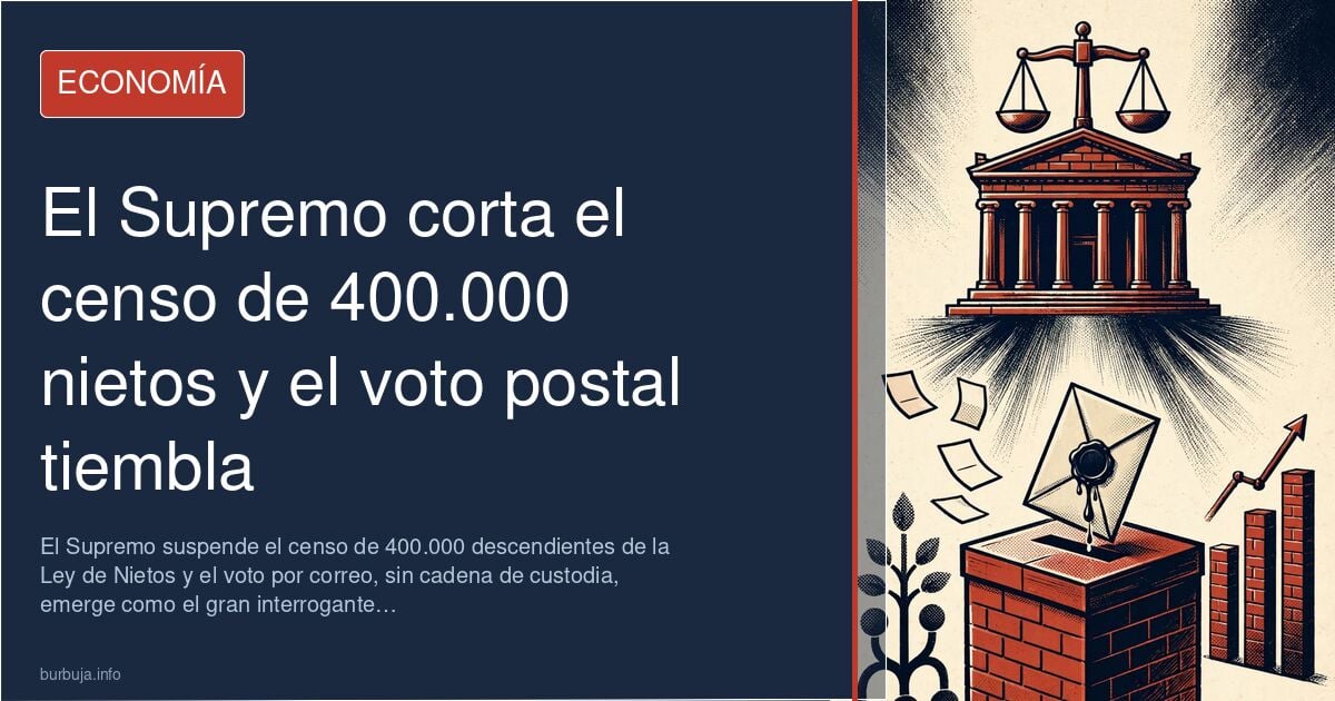 Urna electoral y papeletas de voto por correo apiladas junto a documentación del censo electoral de la ley de nietos
