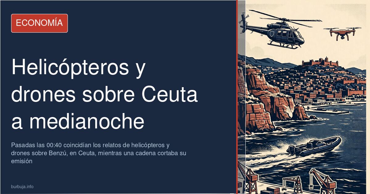 Vista nocturna de Ceuta con helicópteros de la Guardia Civil sobrevolando la frontera durante el dispositivo de madrugada