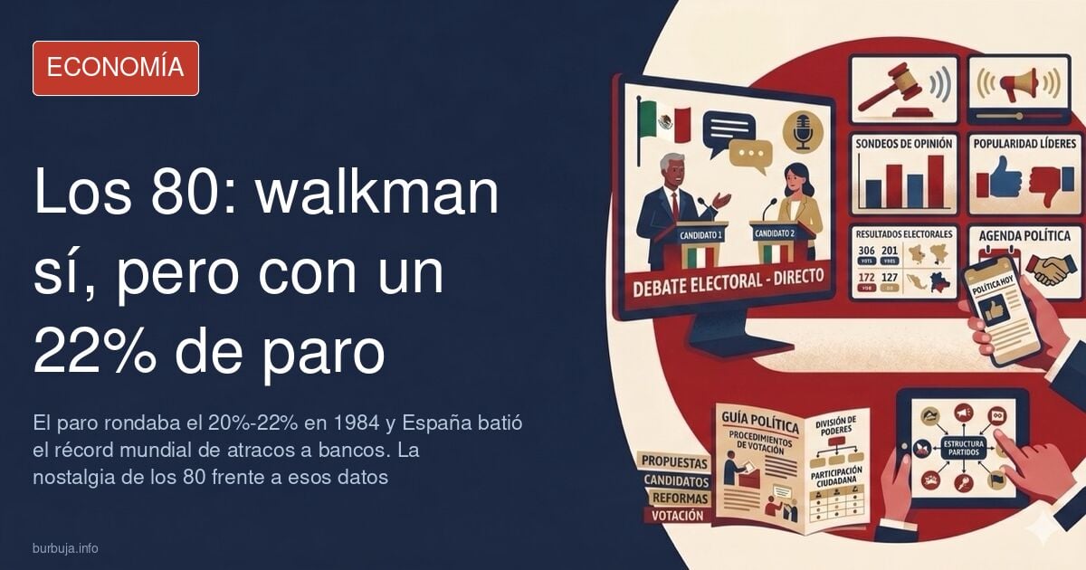 Walkman Sony azul y plata de los años ochenta junto a la comparativa entre la tasa de paro de 1984 y la actualidad en España