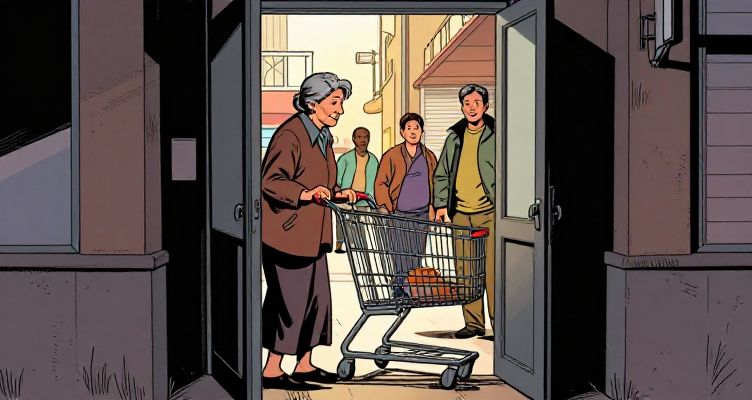 La puerta abierta de la abuela y el carro de la compra lleno