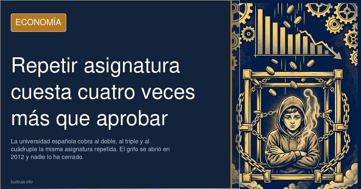 Estudiante universitario con apuntes y calculadora ante una escalera de precios de matrícula que sube con cada repetición