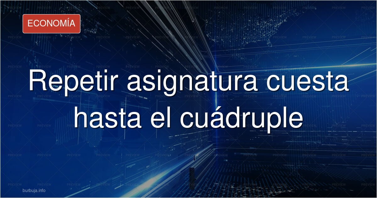 Estudiante universitario con apuntes y calculadora ante una escalera de precios de matrícula que sube con cada repetición