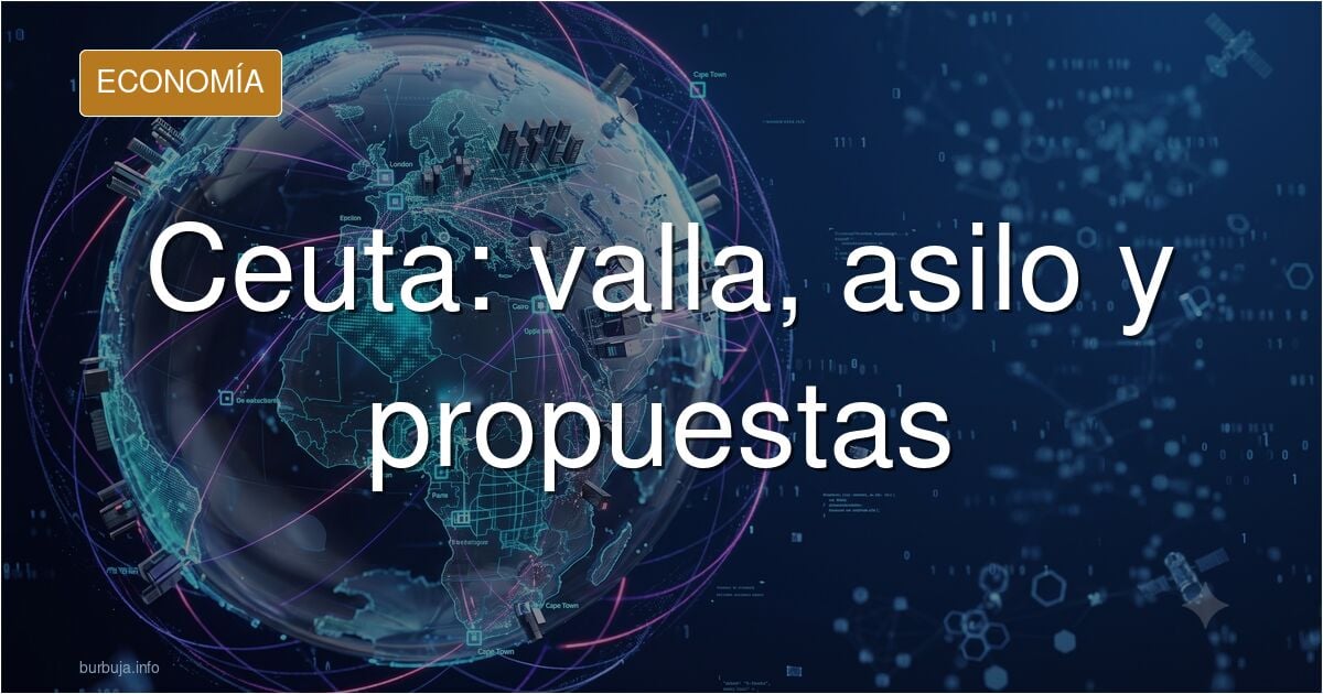 Ilustración editorial de una valla fronteriza en Ceuta con gráficos financieros y monedas en el fondo