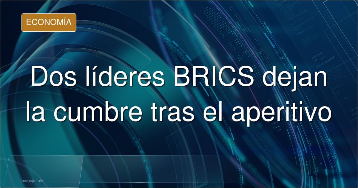 Dos líderes abandonan la mesa de la cumbre de los BRICS con aperitivos servidos y gráficos económicos de fondo