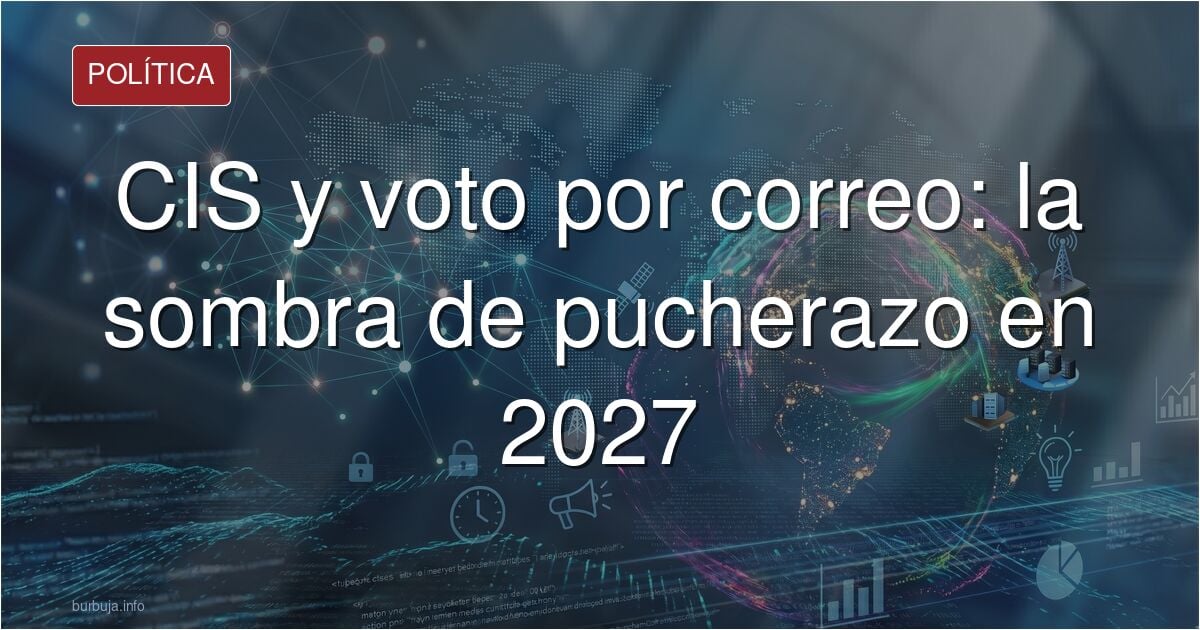 Urna electoral y papeletas de voto por correo junto al CIS, con el censo CERA de fondo en tonos rojos y azules