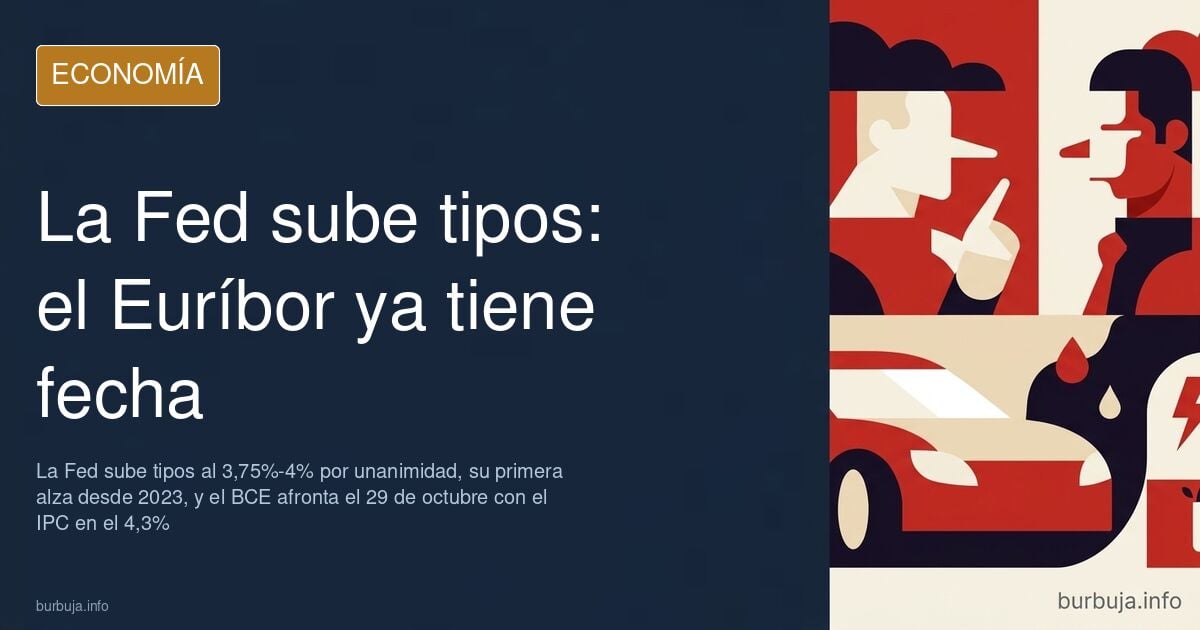 Ilustración editorial con gráficos en alza y una balanza entre el tipo de interés de la Fed y el Euríbor hipotecario