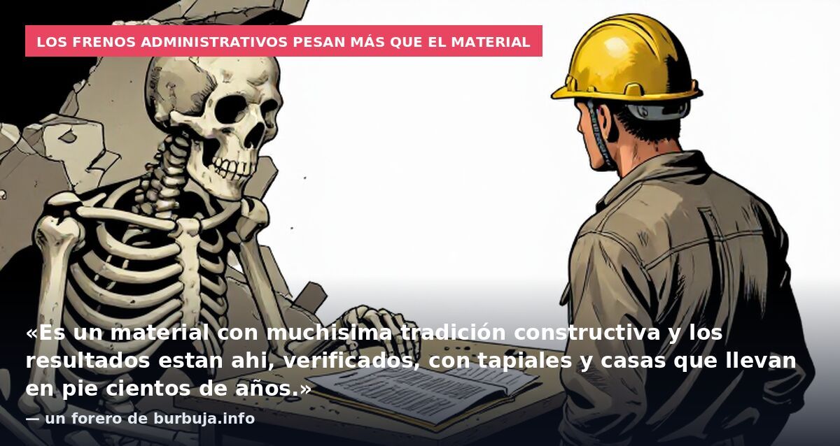 Los frenos administrativos pesan más que el material: «Es un material con muchisima tradición constructiva y los resultados estan ahi, verificados, con tapiales y casas que llevan en pie cientos de años.» — un forero de burbuja.info