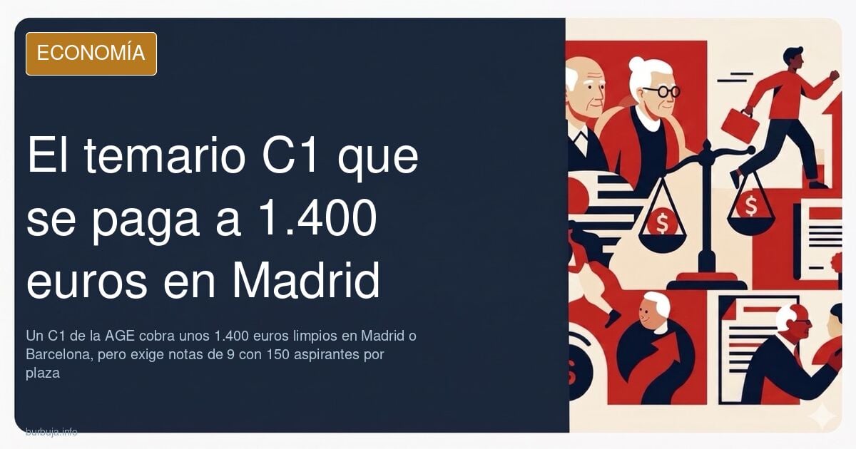 Ilustración editorial de un temario de oposiciones C1 de la AGE junto a gráficos salariales y monedas sobre fondo azul marino