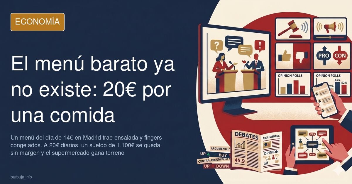 Plato de menú del día con su precio sobre una mesa de terraza y un gráfico de inflación alimentaria al fondo