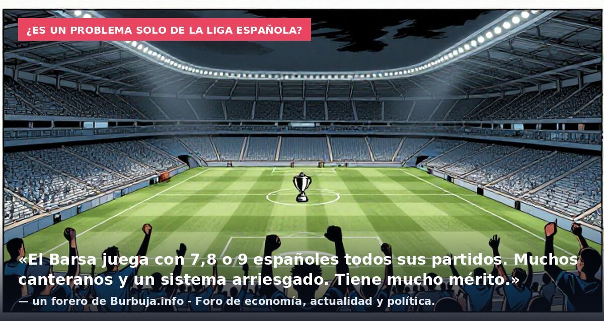 ¿Es un problema solo de la liga española?: «El Barsa juega con 7,8 o 9 españoles todos sus partidos. Muchos canteranos y un sistema arriesgado. Tiene mucho mérito.» — un forero de Burbuja.info - Foro de economía, actualidad y política.