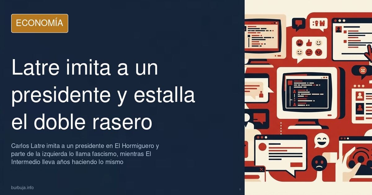 Imitador con peluca ante un atril presidencial y gráficos de audiencia en ilustración editorial azul marino y dorado