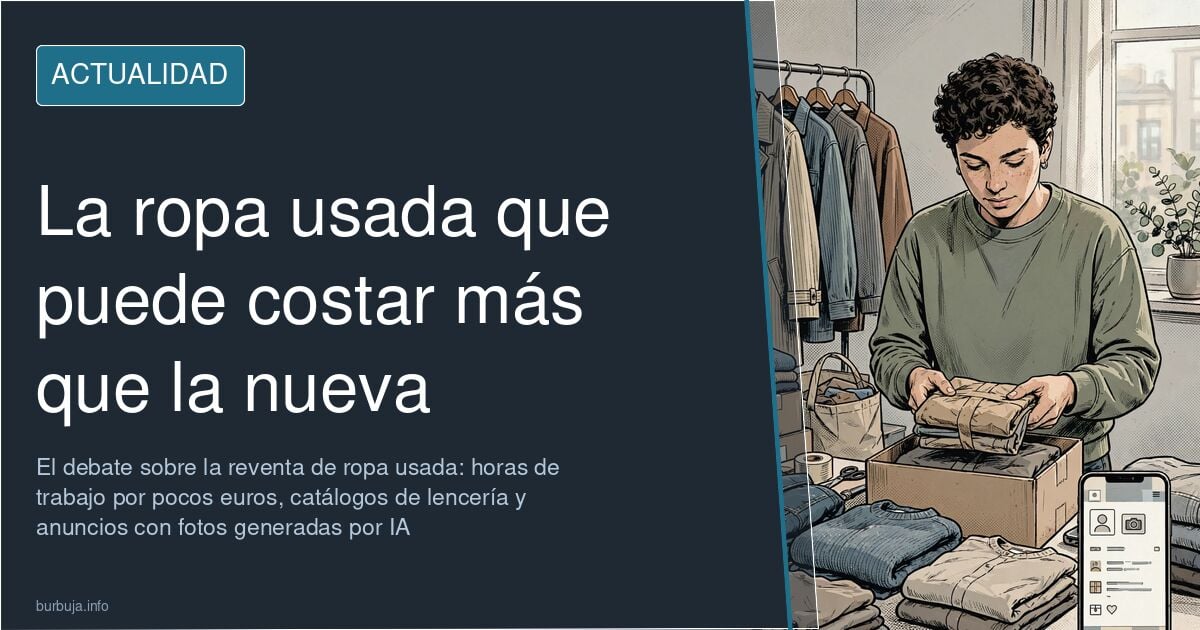 Prendas de segunda mano colgadas en un tendedero urbano junto a un móvil con fotografías de ropa preparadas para vender en Vi