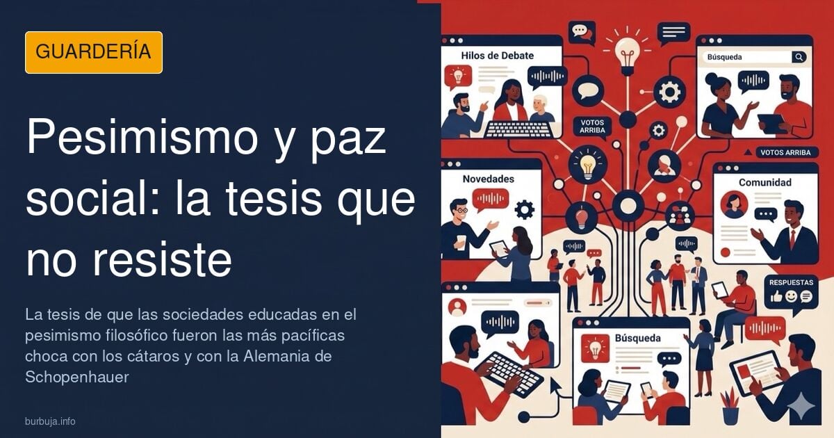 Ilustración de una balanza que pesa sufrimiento y placer junto a monjes austeros, bajo el rótulo de pesimismo filosófico
