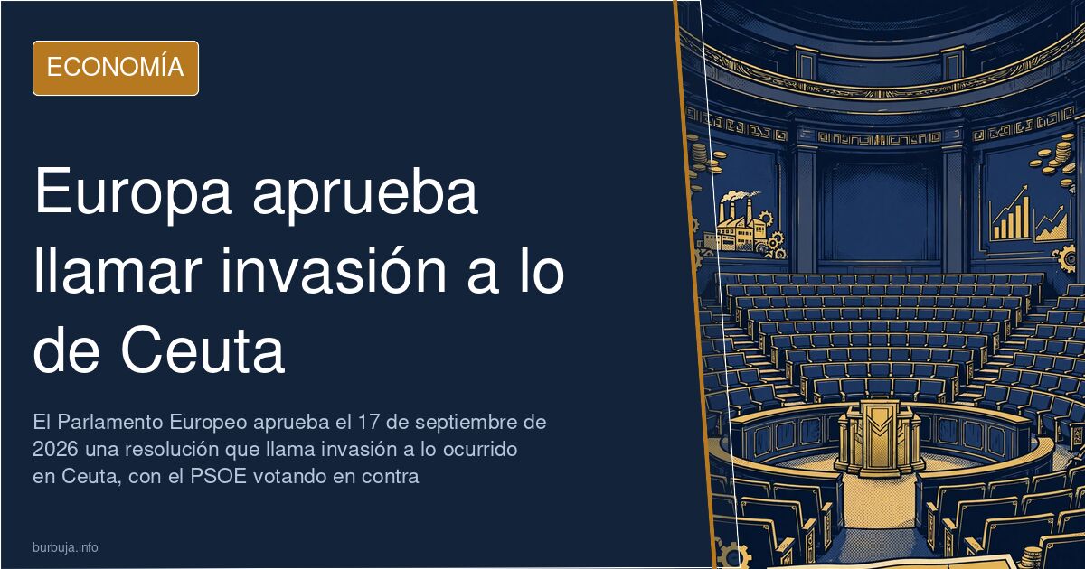 Ilustración editorial del hemiciclo del Parlamento Europeo junto al mapa de Ceuta y su frontera